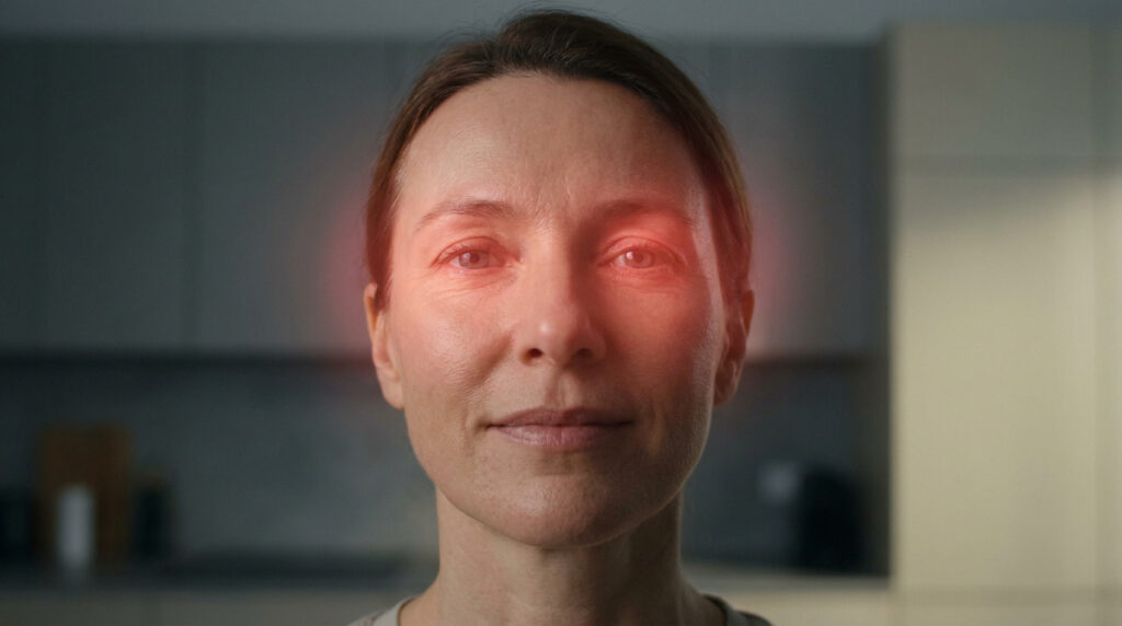 Portrait d'une femme avec une aura lumineuse rouge autour des yeux, symbolisant les bienfaits de la luminothérapie oculaire.
