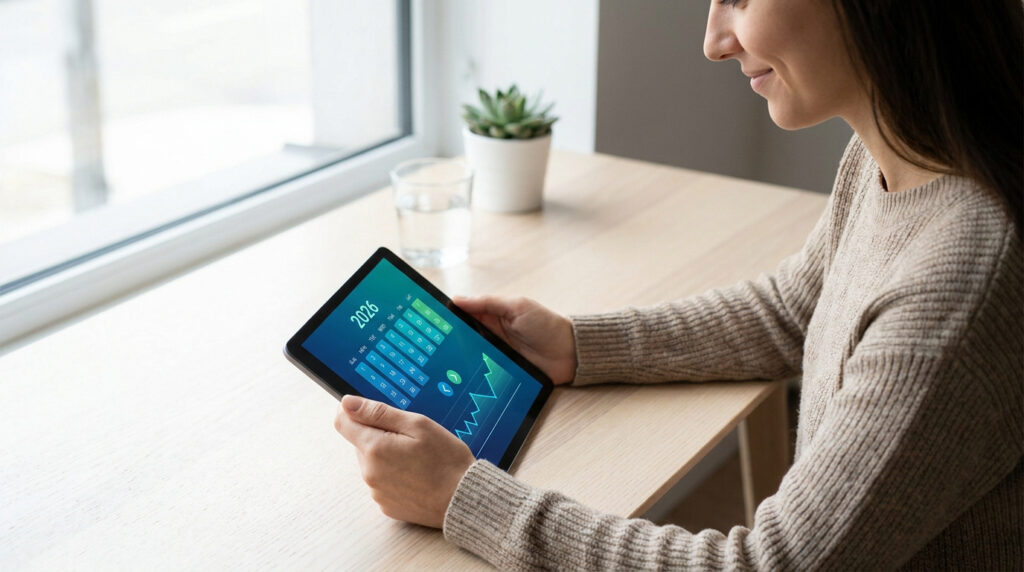 Jeune femme souriante consulte une tablette affichant l'année 2026 et un calendrier, liée au remboursement du ballon gastrique.