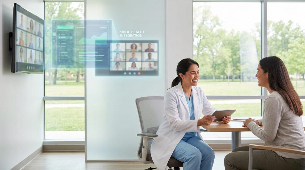 Une médecin consulte une patiente dans un bureau avec des écrans virtuels affichant des données et des appels vidéo.