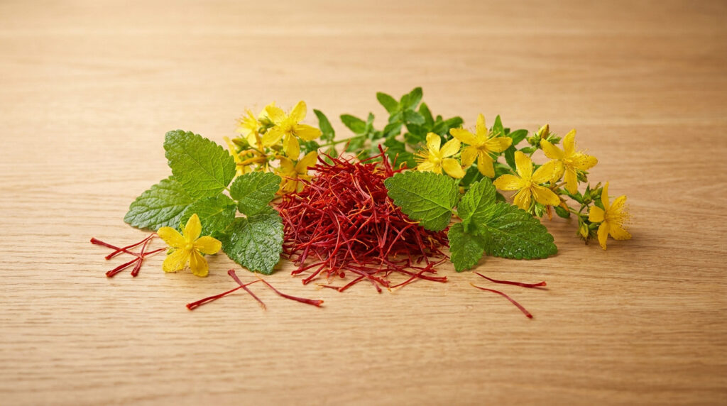 Un monticule de safran rouge, des fleurs de millepertuis jaunes et des feuilles de mélisse verte sur une surface en bois clair.
