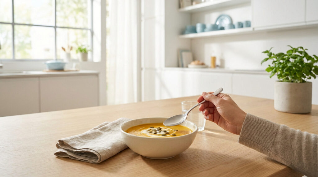 Bol de soupe onctueuse aux graines de courge, dégusté par une main. Repas doux et facile, idéal après un implant dentaire.