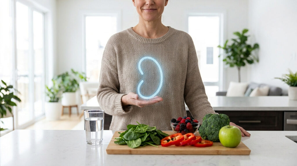 Une personne tient un rein holographique au-dessus d'une planche avec des légumes et des fruits sains.