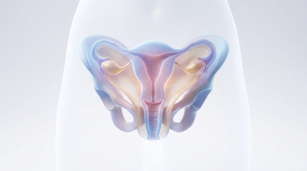 Illustration 3D montrant l'utérus, les ovaires et le vagin dans le bassin féminin.