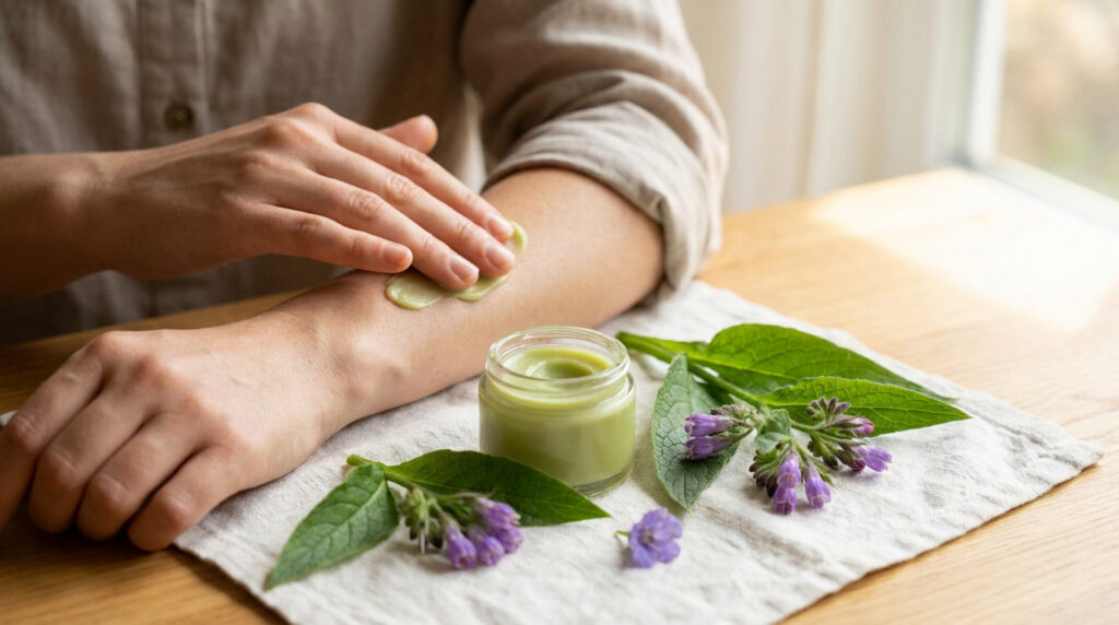 Une personne applique un baume vert naturel sur son avant-bras, à côté d'un pot de crème et de fleurs de consoude fraîches.