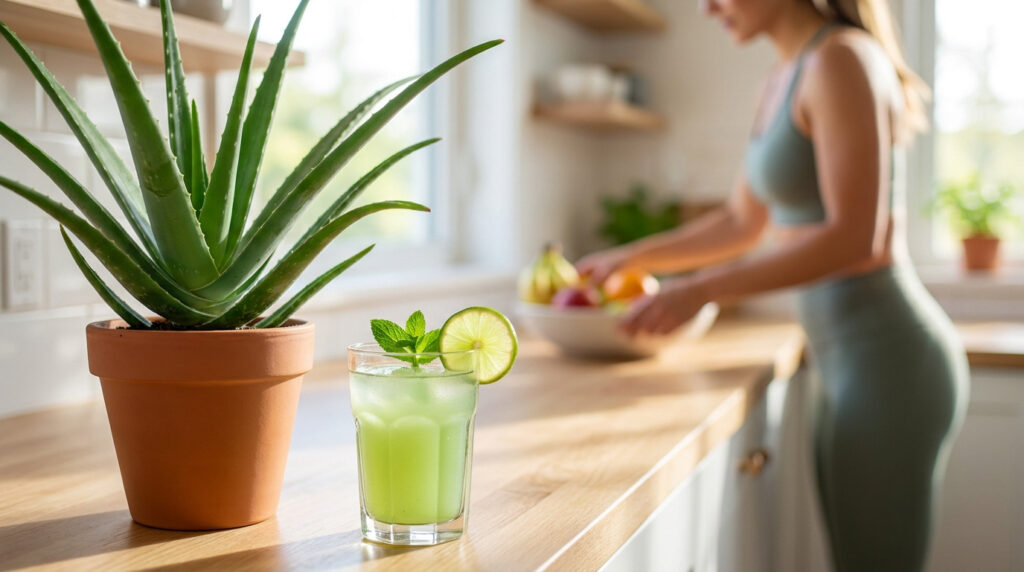 Un verre de jus d'aloe vera avec du citron et de la menthe à côté d'une plante d'aloe vera dans une cuisine ensoleillée.