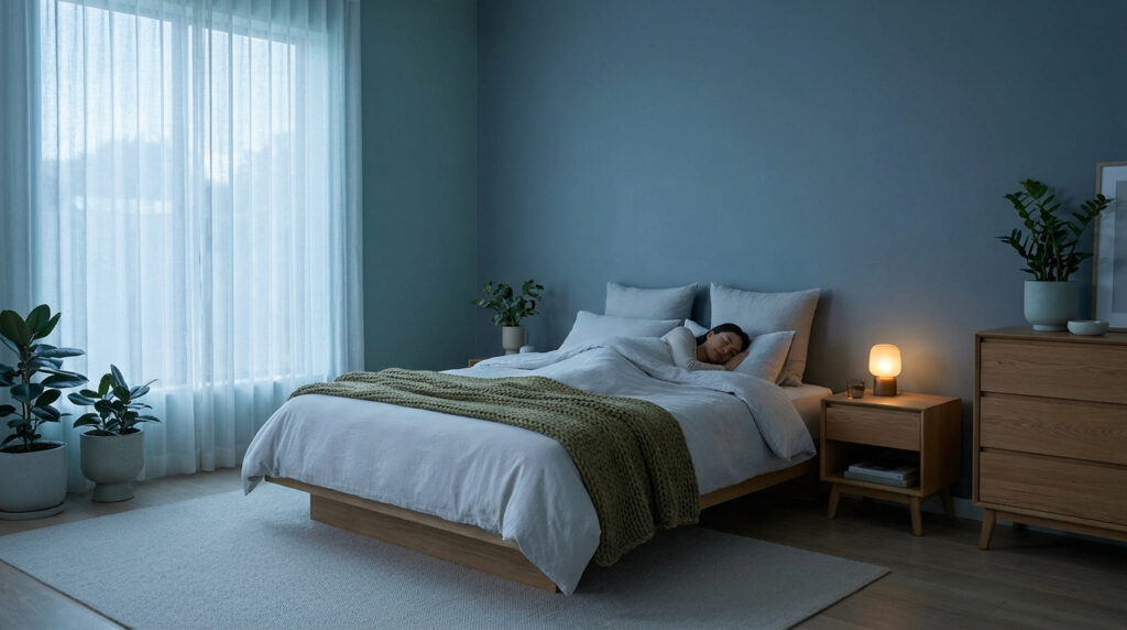 Une femme dort paisiblement dans un lit douillet au sein d'une chambre moderne aux tons bleus apaisants.