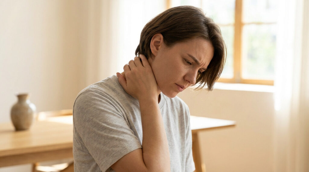 Une jeune femme brune tenant son cou avec douleur en raison d'une raideur ou d'une entorse cervicale.