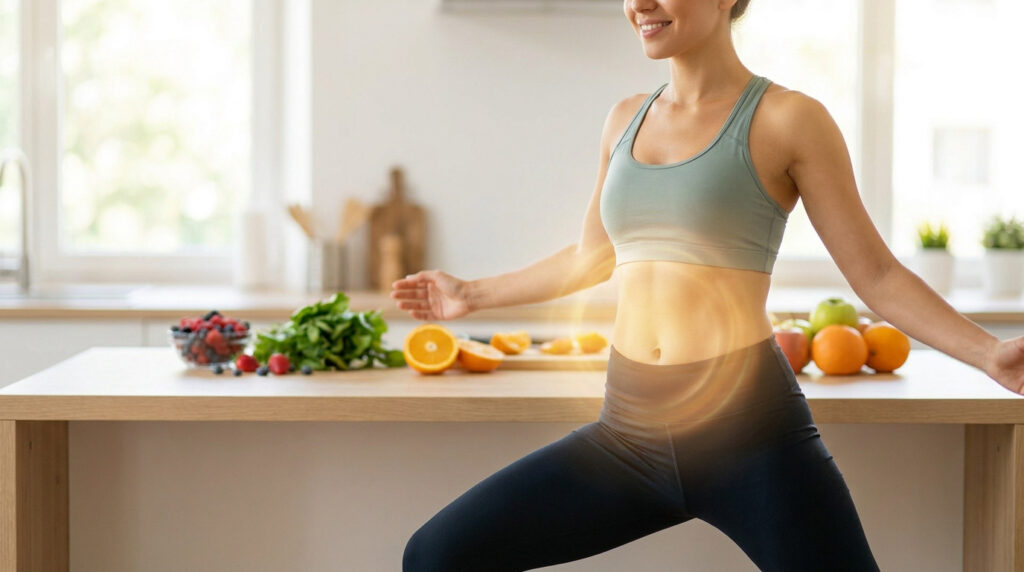 Une femme souriante faisant du sport dans une cuisine avec des fruits et légumes frais sur le plan de travail.