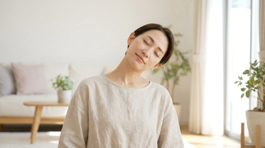 Femme effectuant un étirement latéral du cou dans un salon lumineux.