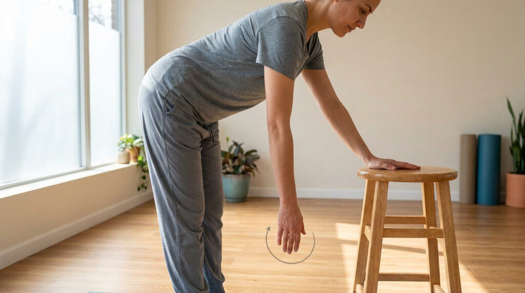 Une personne penchée en avant, effectuant un exercice de pendule pour l'épaule avec un tabouret en bois.