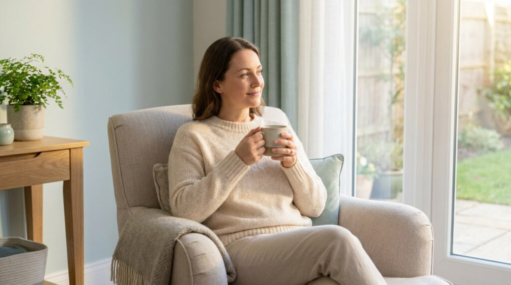 Une femme souriante en pull beige assise dans un fauteuil confortable, tenant une tasse de thé près d'une fenêtre.