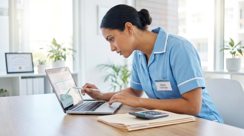 Infirmière en uniforme bleu travaillant sur un ordinateur portable pour sa facturation médicale.