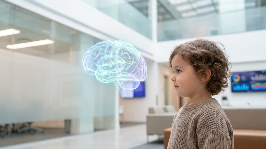 Jeune enfant regardant avec curiosité une image holographique en 3D d'un cerveau humain flottant dans un centre médical.