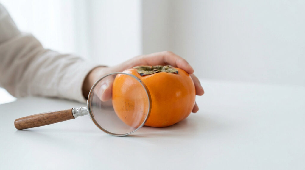 Une main examine un kaki orange vif avec une loupe sur une table blanche.