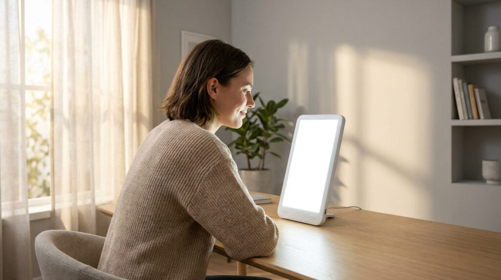 Femme assise à une table face à une lampe de luminothérapie blanche et lumineuse dans un salon chaleureux.