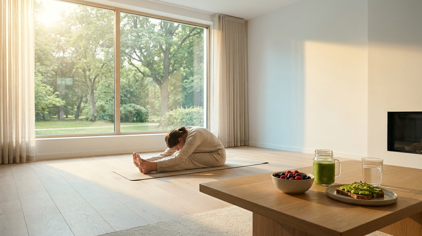 Une personne pratique le yoga devant une grande fenêtre, avec un petit-déjeuner équilibré au premier plan.