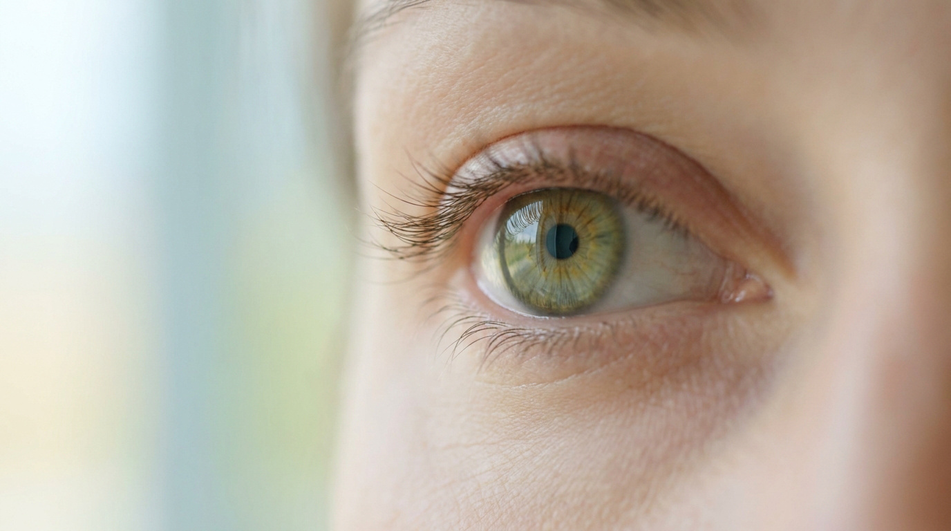 Gros plan sur l'œil d'une personne avec des cils naturels, utilisé pour illustrer le traitement du Demodex.