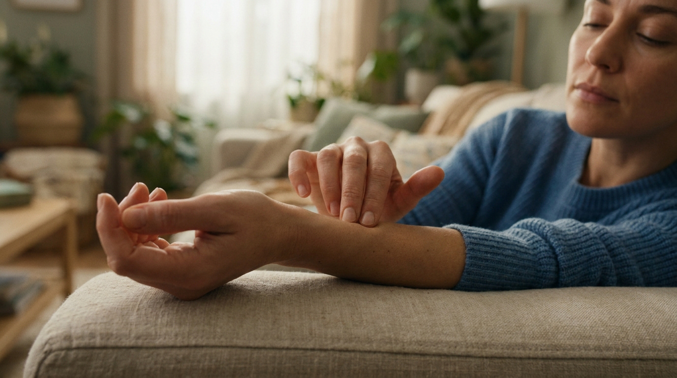 Femme pratiquant l'acupression sur son poignet pour soulager le hoquet dans un salon confortable.