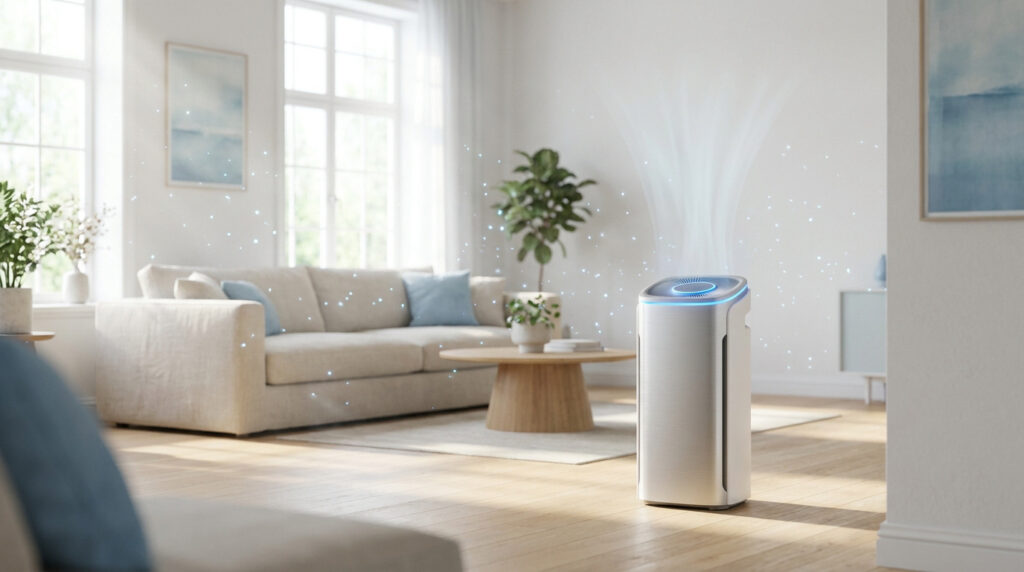 Purificateur d'air moderne filtrant des particules invisibles dans un salon lumineux.