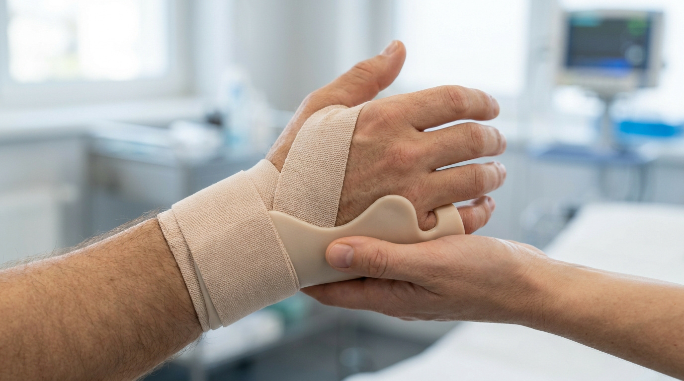 Main d'un patient avec une attelle en plastique beige et une bande élastique pour stabiliser une fracture.