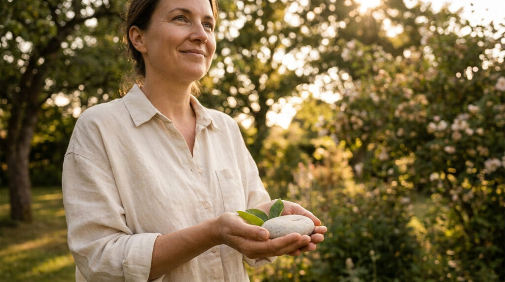 Une femme souriante tenant une pierre lisse et des feuilles vertes dans ses mains, dans un jardin ensoleillé.