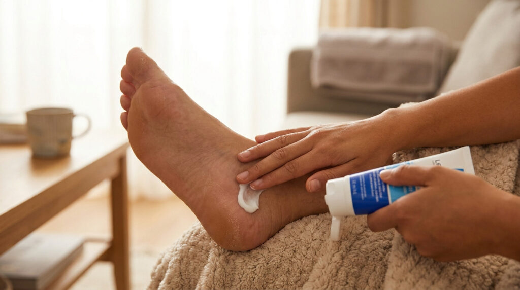 Une personne applique une crème apaisante sur son talon pour soulager une douleur au pied dans un intérieur chaleureux.
