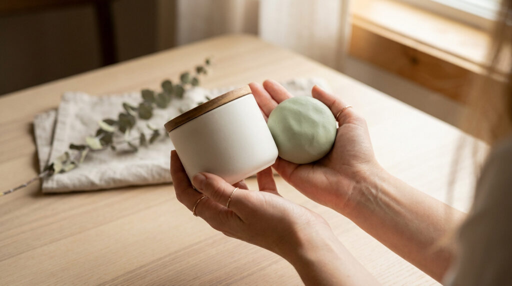 Mains tenant un pot blanc avec un couvercle en bois et une boule de soin verte sur une table en bois.