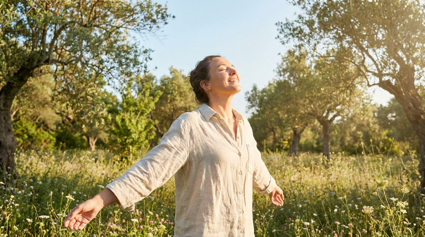 Une femme souriante respire profondément, les bras ouverts au milieu d'un champ fleuri sous une lumière dorée.