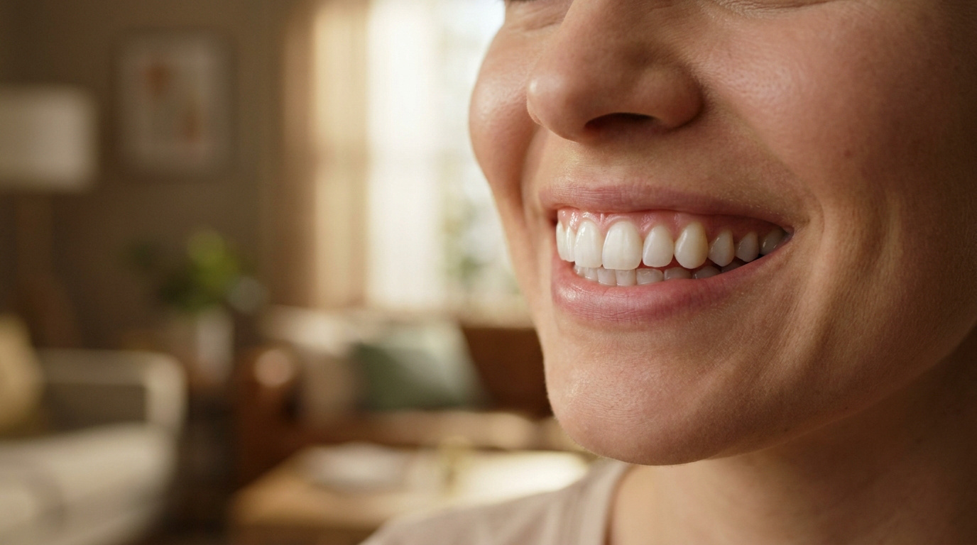 Gros plan sur le sourire éclatant et naturel d'une femme heureuse après un traitement par implants dentaires.