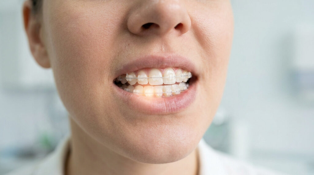 Gros plan sur la bouche d'une patiente portant un appareil dentaire avec une légère lueur sur les dents du bas.