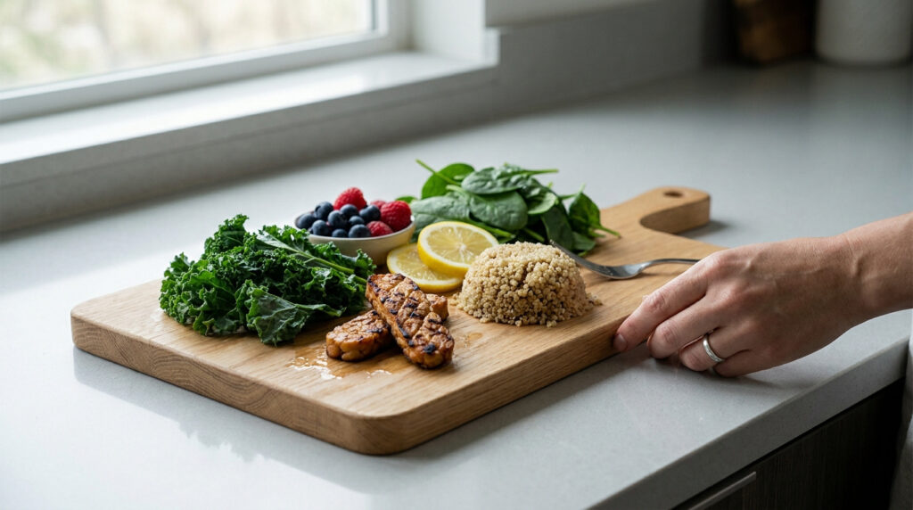 Planche en bois avec chou kale, tempeh, quinoa, épinards et fruits rouges.