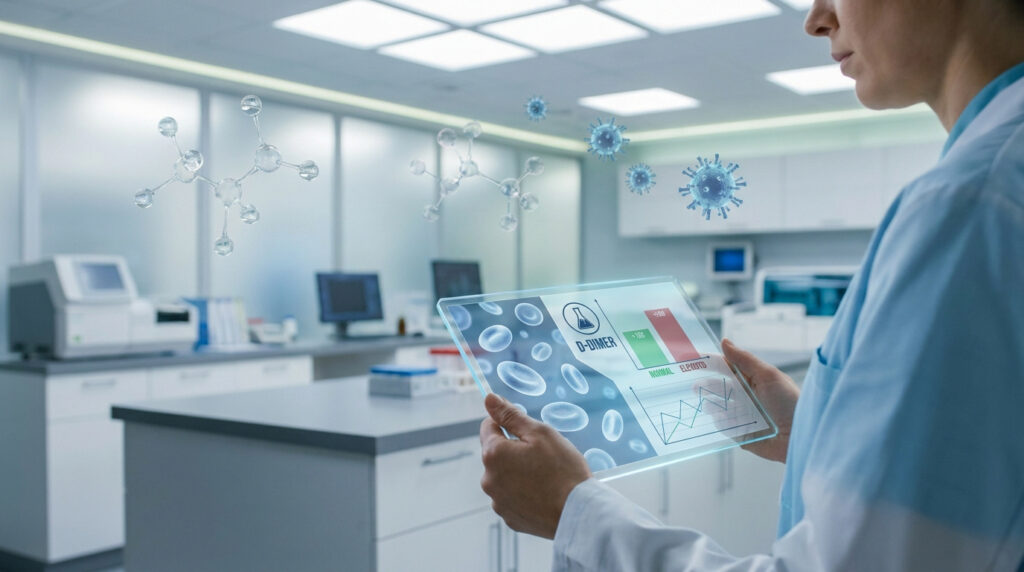 Un scientifique examine des données sur les D-dimères et le virus COVID-19 via une tablette numérique holographique.