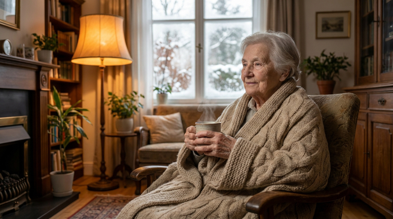 Une femme âgée assise dans un fauteuil, enveloppée dans un grand gilet en laine avec une tasse de boisson chaude fumante.