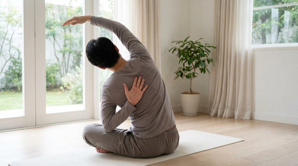 Un homme assis sur un tapis de yoga effectue un étirement latéral du dos pour soulager une tension à l'omoplate.