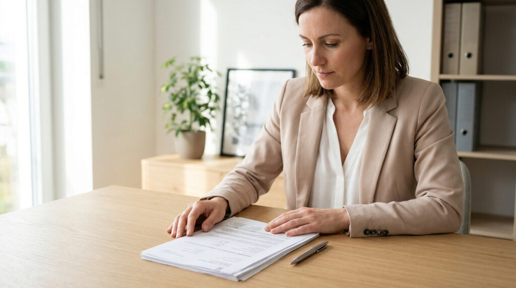 Une femme en tenue professionnelle examine attentivement des documents médicaux sur son bureau.