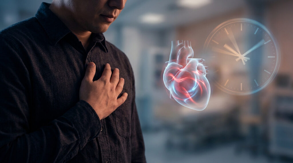 Un homme se tenant la poitrine avec une visualisation 3D de son cœur et une horloge symbolisant l'urgence médicale.