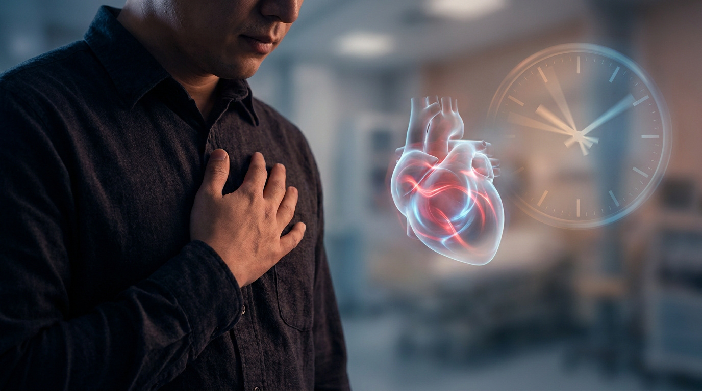 Un homme se tenant la poitrine avec une visualisation 3D de son cœur et une horloge symbolisant l'urgence médicale.