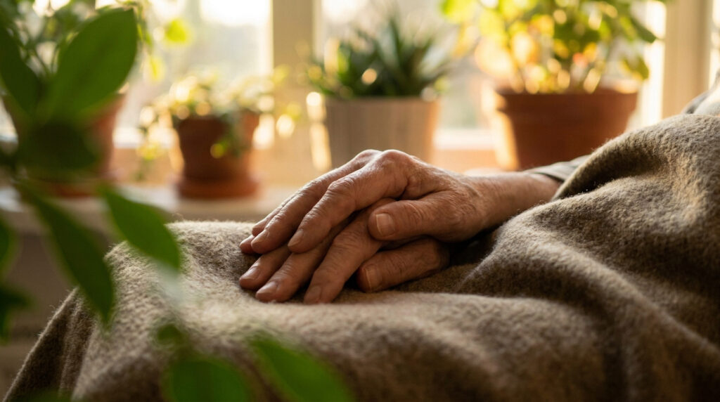 Mains d'une personne âgée posées sur une couverture, avec des plantes en arrière-plan près d'une fenêtre.