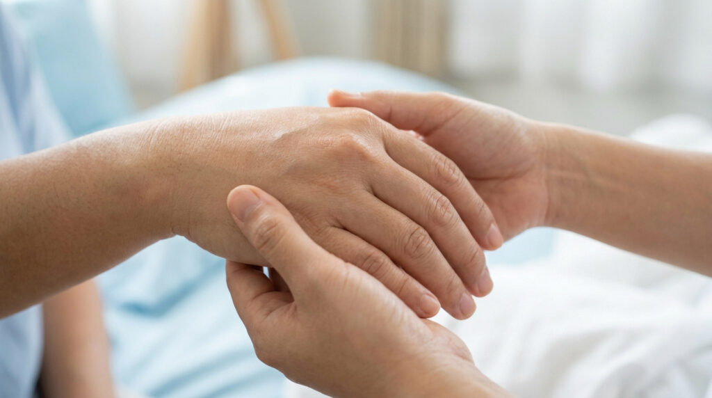 Une personne examine la main gonflée d'un patient pour évaluer un œdème ou une inflammation.