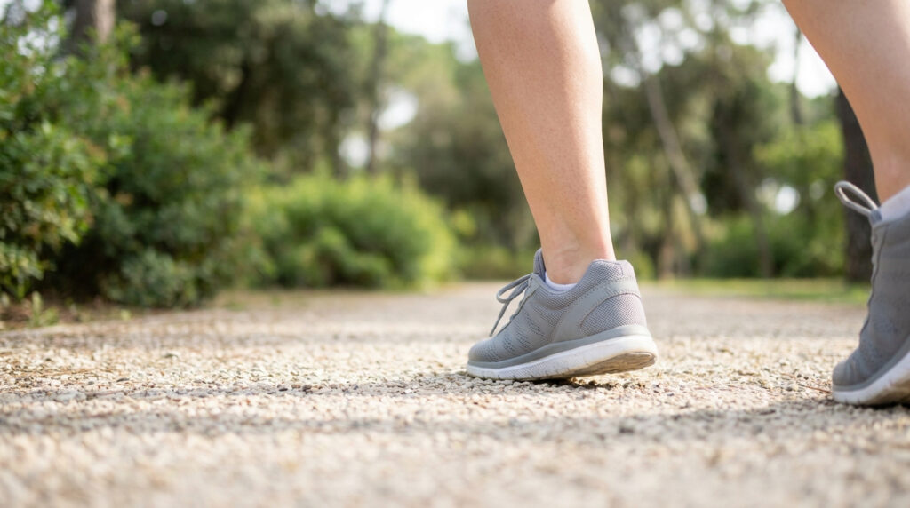 Gros plan sur les pieds d'une personne marchant sur un chemin en gravier, portant des baskets grises.