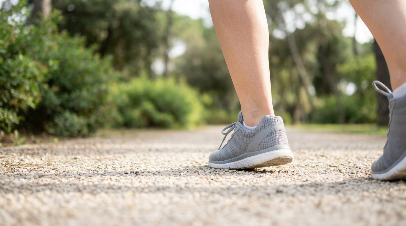 Gros plan sur les pieds d'une personne marchant sur un chemin en gravier, portant des baskets grises.