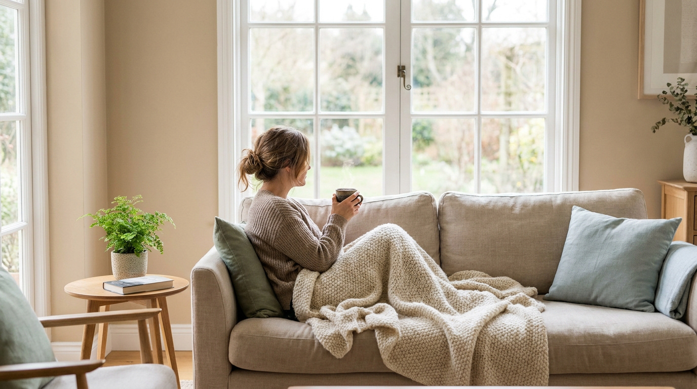 Femme détendue avec un café sous un plaid, assise sur un canapé face à une fenêtre dans un salon lumineux.