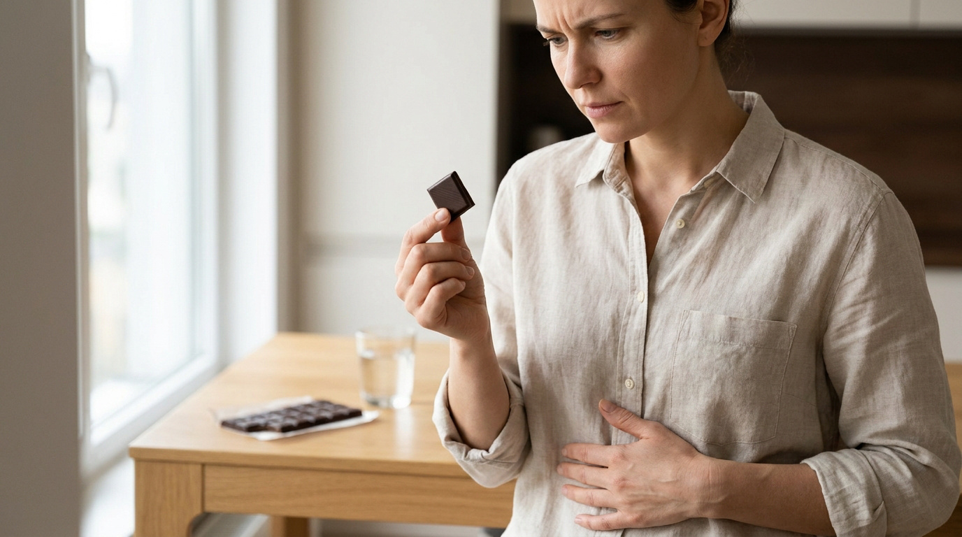 Une femme hésitante tient un carré de chocolat et se tient le ventre, illustrant une possible intolérance alimentaire.