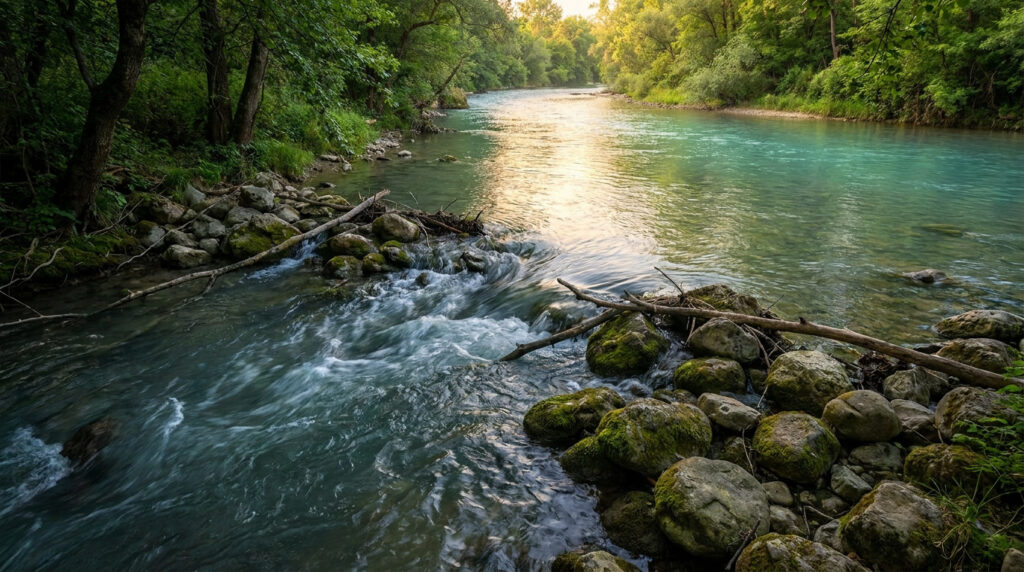 Rivière coulant paisiblement entre des rochers moussus en forêt sous une lumière dorée.