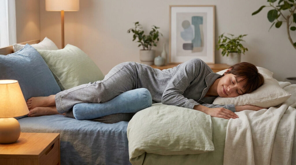 Une femme dort sur le côté avec un oreiller entre les jambes pour soulager les douleurs de cruralgie.