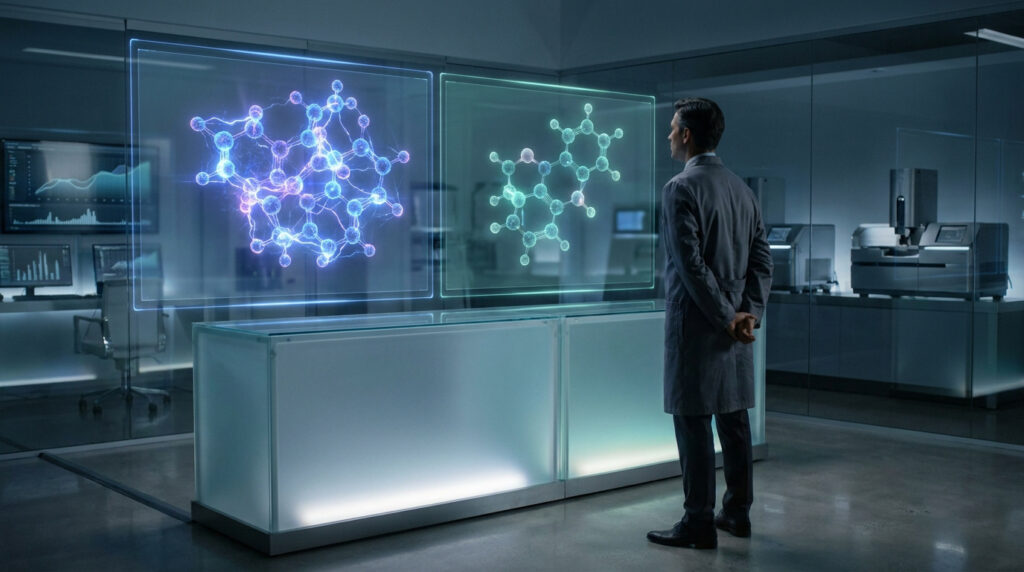 Un scientifique en blouse blanche observe deux hologrammes de structures moléculaires complexes dans un laboratoire moderne.