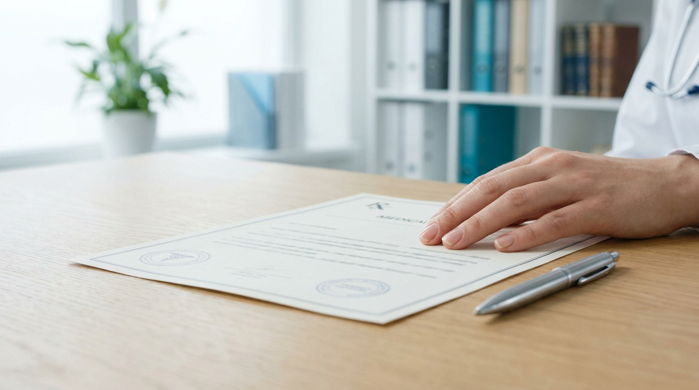 Un médecin posant sa main sur un certificat médical vierge posé sur un bureau en bois avec un stylo à côté.