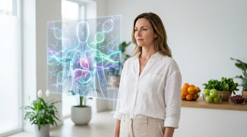 Une femme regarde une interface holographique montrant un corps humain avec de l'ADN et des organes internes.
