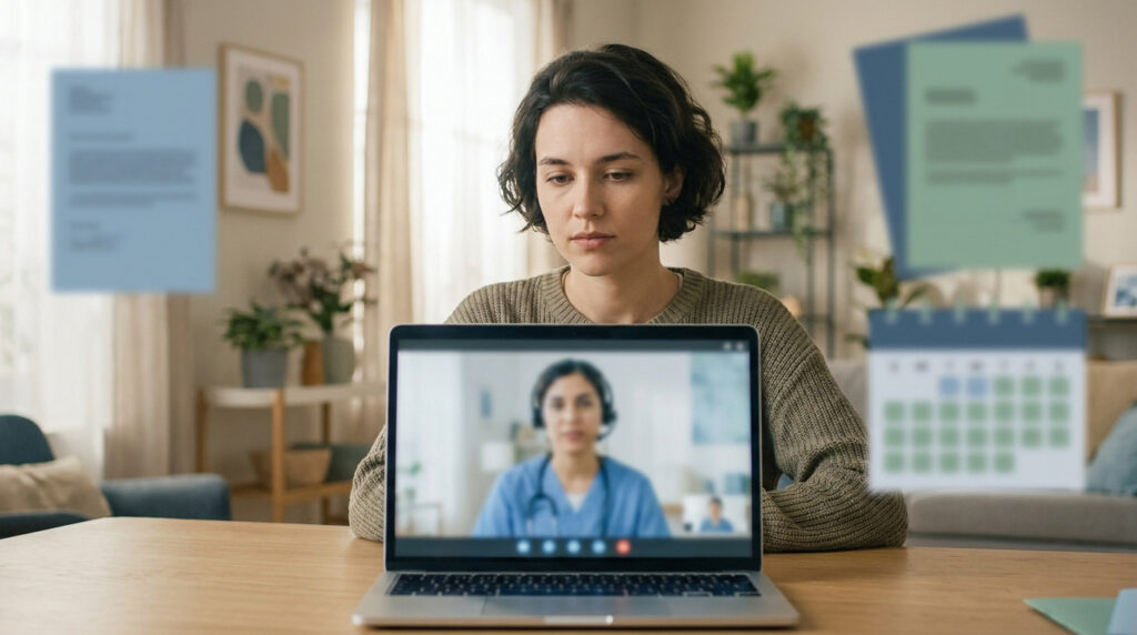 Une femme consulte un médecin en visioconférence sur son ordinateur portable depuis son salon.