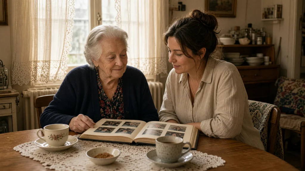 Une fille et sa mère regardent un album photo en famille